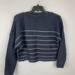 PrAna Sweater Womens Medium Blue Wool Striped Button Shoulder Pullover Knit